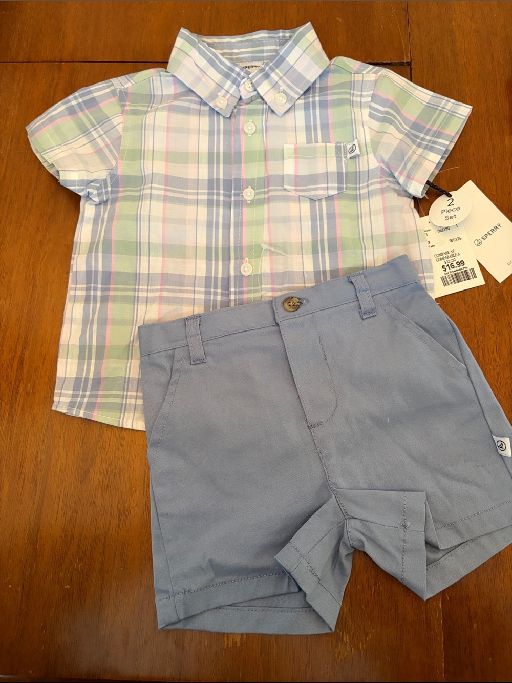 🫐3/$30 NWT Sperry Pastel Plaid Button-Down Shirt with Light Blue Shorts size 6-9